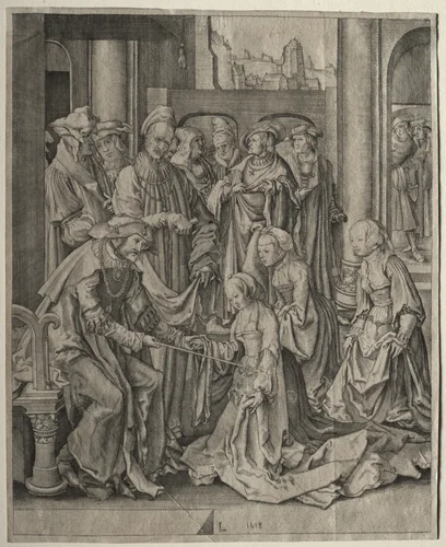 Esther before Ahasuerus by Lucas van Leyden, print, 1518