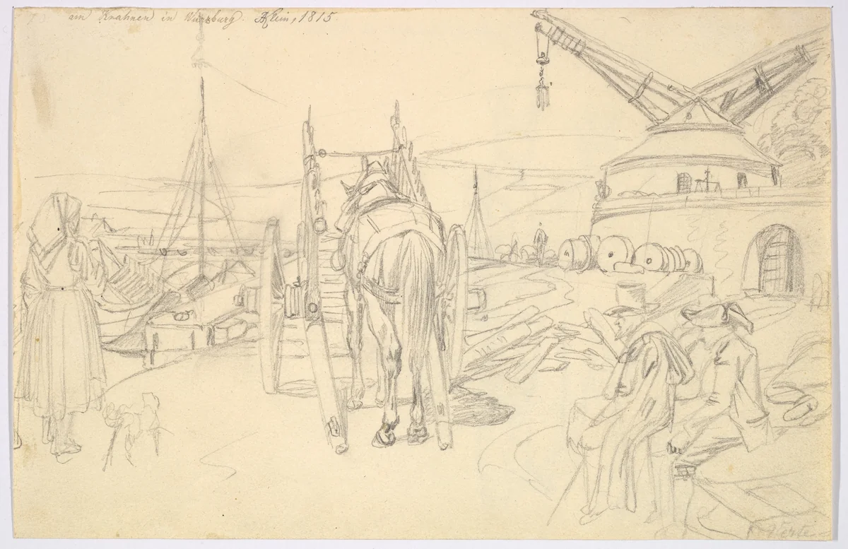 View of the Alter Kranen in Würzburg; verso: Study of Three Soldiers and Two More Figures by Johann Adam Klein, drawing, 1815