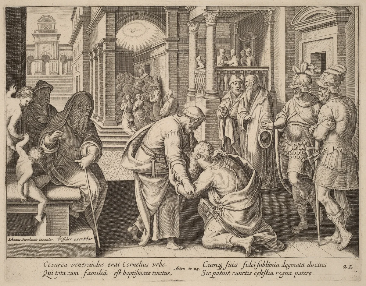 Cornelius Worshipping Saint Peter by Philip Galle, print, 1537-1612