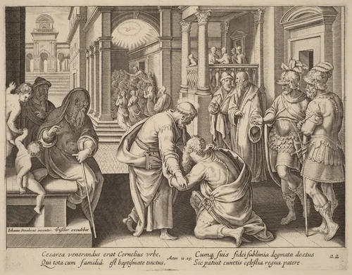 Cornelius Worshipping Saint Peter by Philip Galle, print, 1537-1612