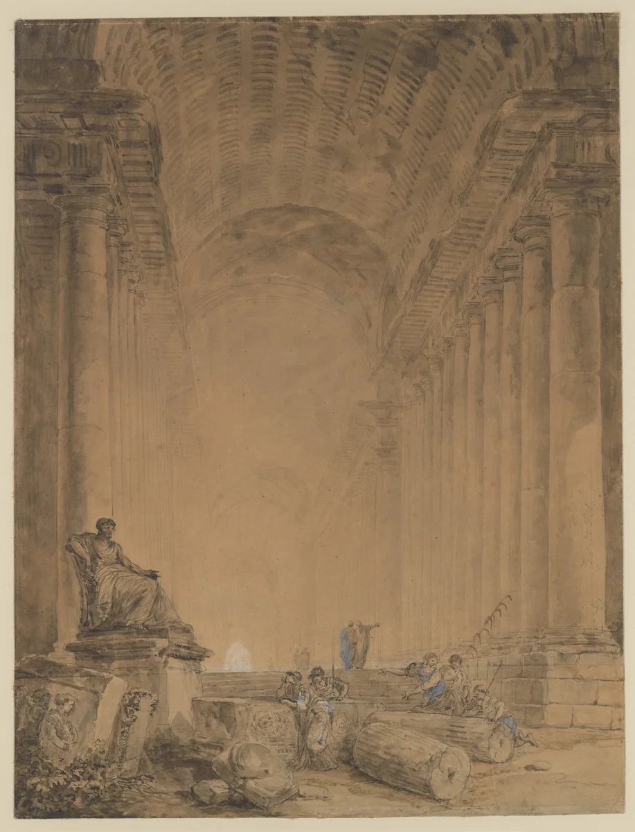 Figures in a Colonnade by Hubert Robert, drawing, 1775-1785