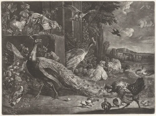 Landschap met gevogelte by anonymous, print, 1662-1726