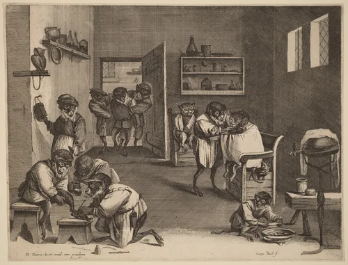 The Monkeys' Barber Shop by Coryn Boel; David Teniers the Younger, print, 1620-1688