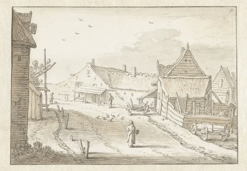 Dorpsstraat te Backers Dorp by Herman Saftleven, drawing, 1619-1685