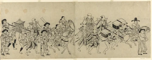 Arrival of the Korean Embassy in Edo by Torii Kiyonobu I (鳥居 清信), print, 1704-1714