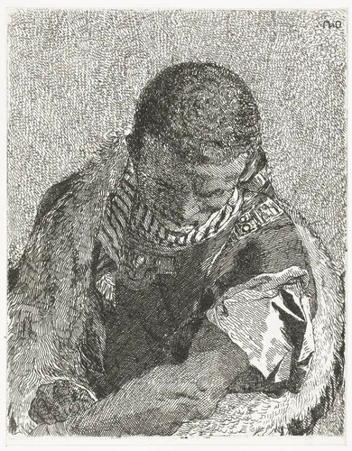 Zwarte jongen met gebogen hoofd by Giovanni Domenico Tiepolo, print, 1757-1758