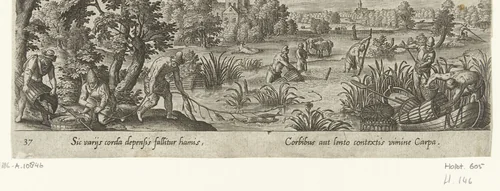 Visvangst met fuiken en vislijnen by Unknown, print, 1582-1633