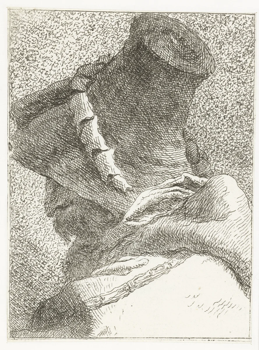 Man met afgewend hoofd met hoed by Giovanni Domenico Tiepolo, print, 1771-1774