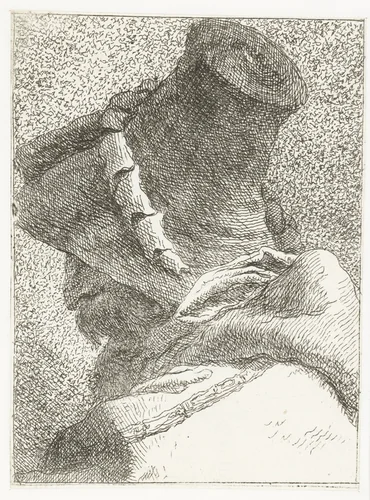 Man met afgewend hoofd met hoed by Giovanni Domenico Tiepolo, print, 1771-1774