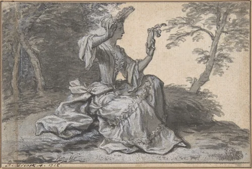 Lady with a Mirror by Claude Simpol, drawing, 1716