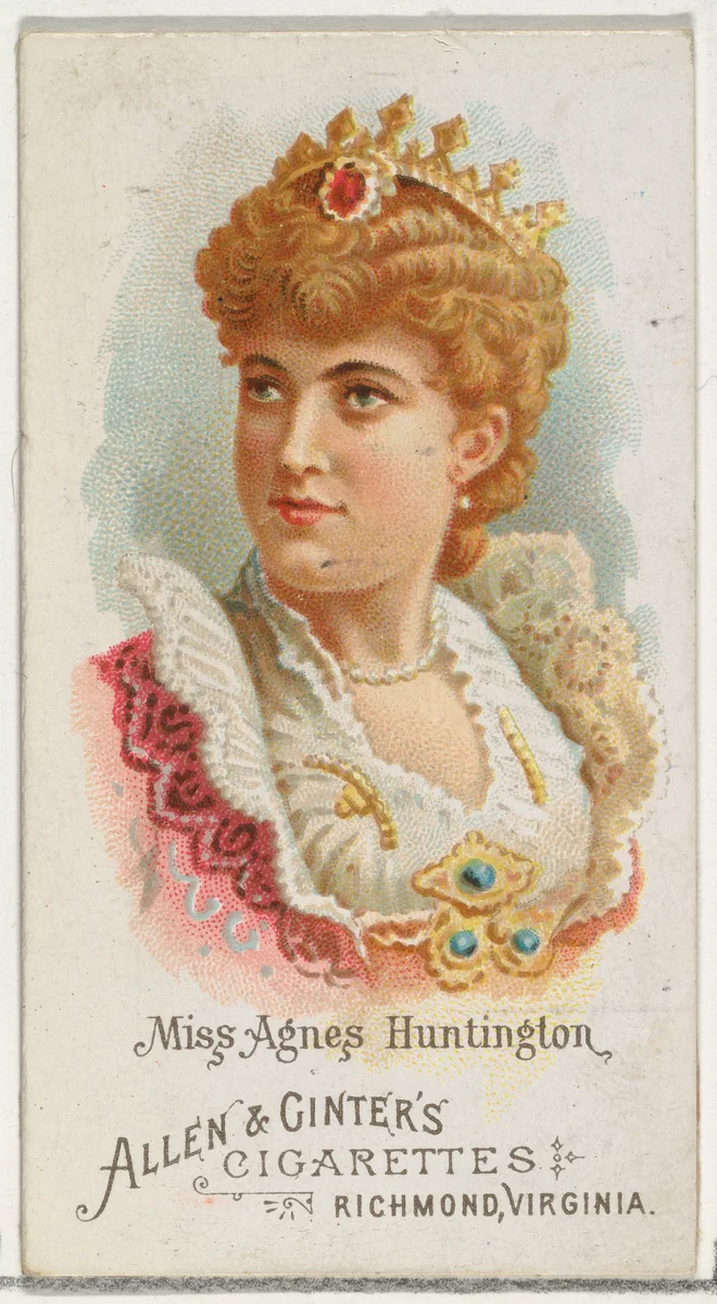 Miss Agnes Huntington, from World's Beauties, Series 1 (N26) for Allen & Ginter Cigarettes by Allen & Ginter, print, 1888