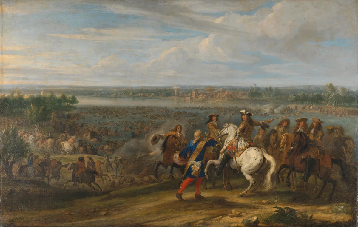 Lodewijk XIV trekt bij Lobith Nederland binnen by Adam Frans van der Meulen, painting, 1672-1690