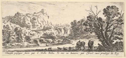A waterfall descending from the mountains in the center background, various animals and a woman and child beneath a tree in the foreground, from "Various Landscapes" (Divers Paysages) by Stefano della Bella, print, 1636-1646