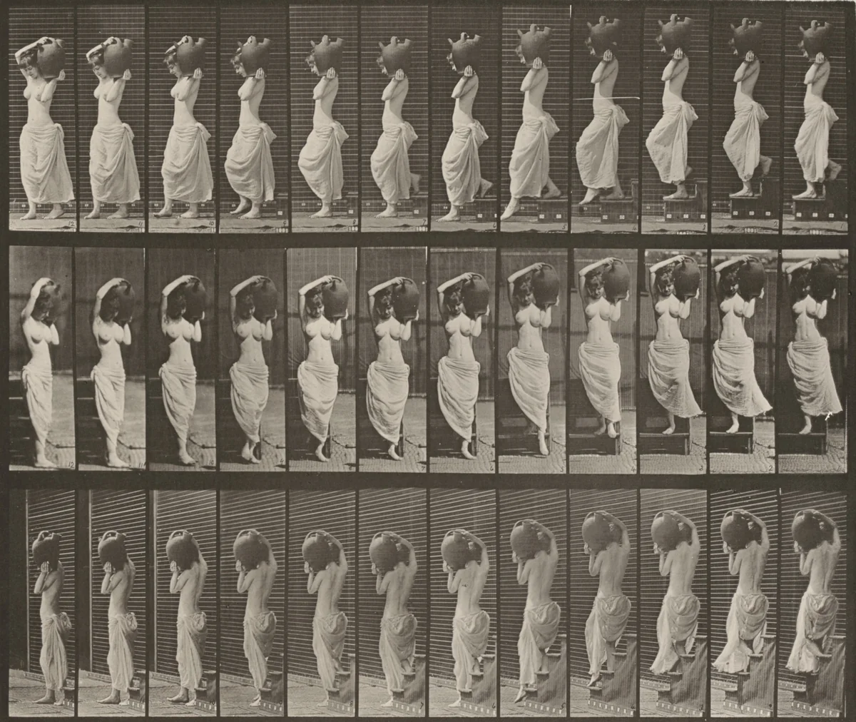 Plate Number 146. Descending stairs and turning, a water jar on left shoulder by Eadweard Muybridge, photograph, 1887
