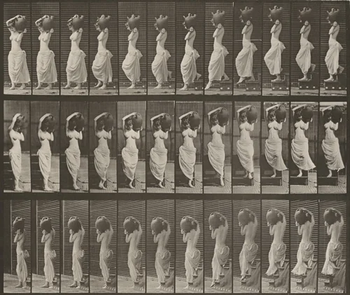 Plate Number 146. Descending stairs and turning, a water jar on left shoulder by Eadweard Muybridge, photograph, 1887