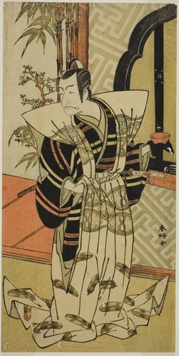 The Actor Ichikawa Danjuro V as Kajiwara Heiji (?) in the Play Hiragana Seisuiki (?), Performed at the Morita Theater (?) in the Third Month, 1776 (?) by Katsukawa Shunko, print, 1771-1781