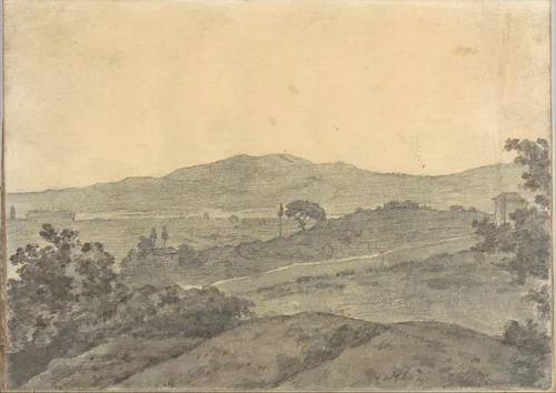 Landscape with distant buildings, near Rome (Smaller Italian sketchbook, leaf 28 recto) by Joseph Wright, drawing, 1774-1775