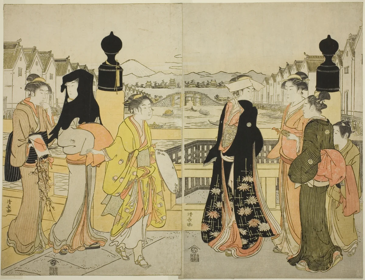 Women Crossing Nihonbashi Bridge by Torii Kiyonaga (鳥居清長), print, 1781-1791