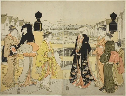 Women Crossing Nihonbashi Bridge by Torii Kiyonaga (鳥居清長), print, 1781-1791