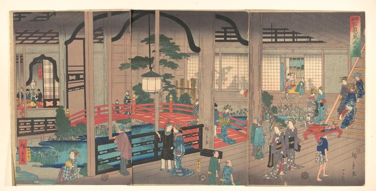 View of the Interior of the Gankirō Tea House in Yokohama by Utagawa Hiroshige II (二代目歌川広重), print, 1860