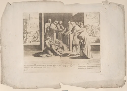 Episode 28: At Logronium Saint Bernardino brings an injured boy back to life; Episode 29: Saint Peter appears to Saint Bernardino on the road to Rome; Episode 30: Saint Bernardino falls ill and dies in 1444, from "The Life of Saint Bernardino of Siena" by Bernardino Capitelli, print, 1610-1639
