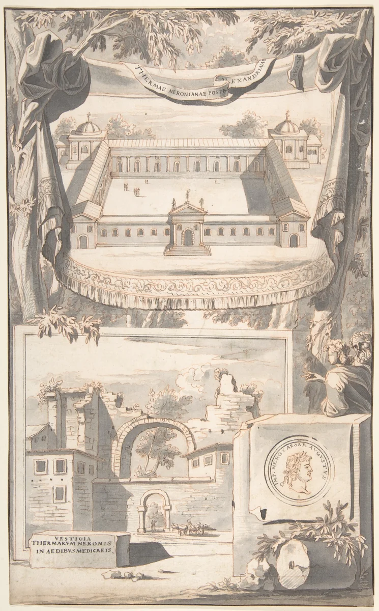 A Reconstruction of the Thermae of Nero (above) and a View of the Ruins (below) by Jan Goeree, drawing, 1690-1704