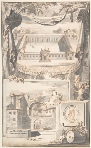 A Reconstruction of the Thermae of Nero (above) and a View of the Ruins (below) by Jan Goeree, drawing, 1690-1704