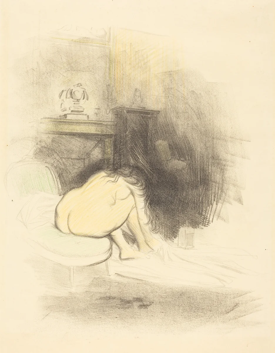 Femme nue, s'essuyant les pieds (planche en hauteur) (Nude Woman Drying Her Feet) (vertical plate) by Jean-Louis Forain, print, 1890-1900