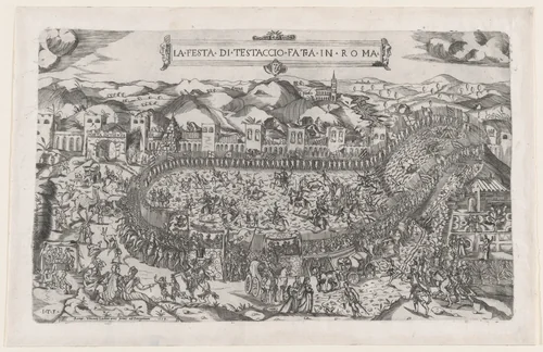 Carnival games held in the Mount Testaccio in Rome, from "Speculum Romanae Magnificentiae" by Monogrammist ITF, print, 1558