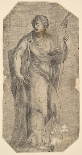 Saint Matthew holding a staff and a book, turning to the left by Andrea Schiavone, print, 1535-1545
