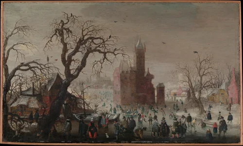 A Winter Landscape with Ice Skaters and an Imaginary Castle by Christoffel van den Berghe, painting, 1615-1620