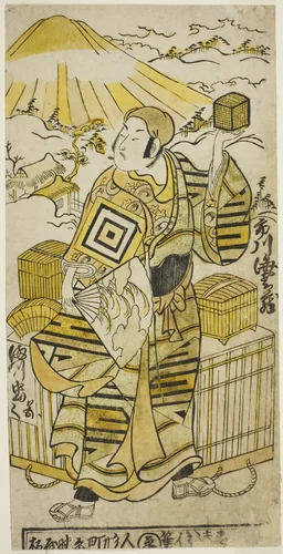 The Actor Ichikawa Ebizo II as Goto Saemon in the play "Tokaido Yukumi Guruma," performed at the Ichimura Theater in the eighth month, 1736 by Torii Kiyomasu II (鳥居 清倍), print, 1736