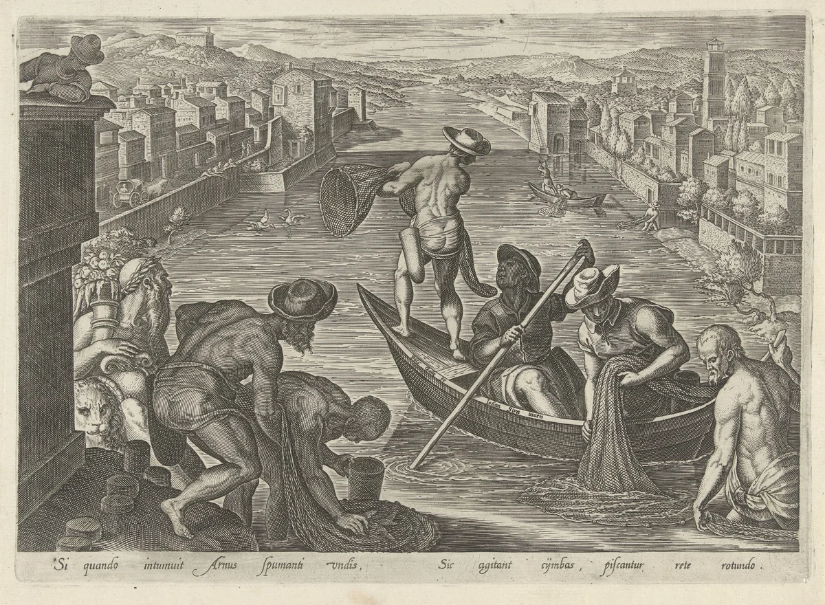 Visvangst met net by Unknown, print, 1578