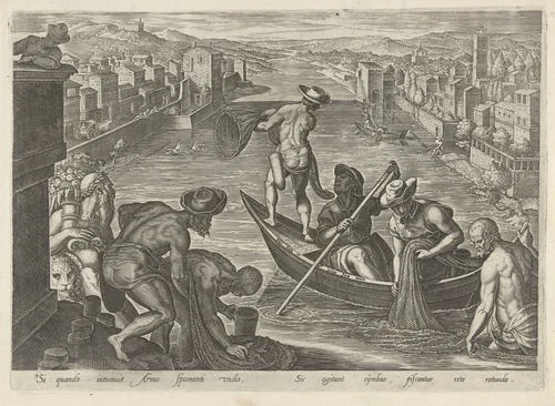 Visvangst met net by Unknown, print, 1578