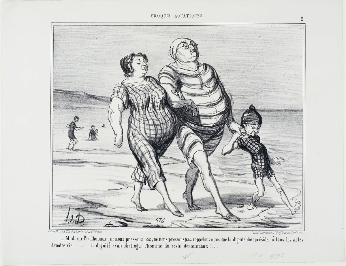 “- Madame Prudhomme, let's not hurry, let's recall that dignity should preside over all acts of life... dignity alone distinguishes man from the rest of the animals,” plate 2 from Croquis Aquatiques by Honoré-Victorin Daumier, print, 1854