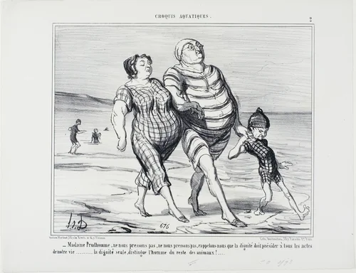 “- Madame Prudhomme, let's not hurry, let's recall that dignity should preside over all acts of life... dignity alone distinguishes man from the rest of the animals,” plate 2 from Croquis Aquatiques by Honoré-Victorin Daumier, print, 1854