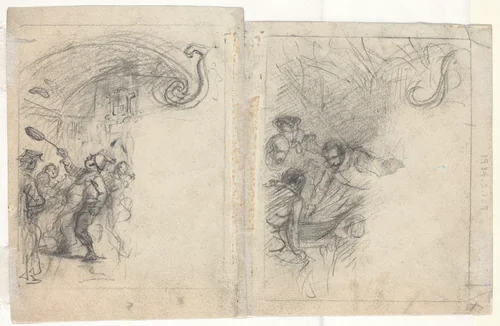 Chef Tossing Pancakes and Group of Four Men [verso] by Felix Darley, drawing, 1822-1888