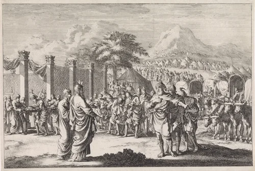 Offerande van de Joodse stammen tijdens de inwijding van het tabernakel by Jan Luyken, print, 1700