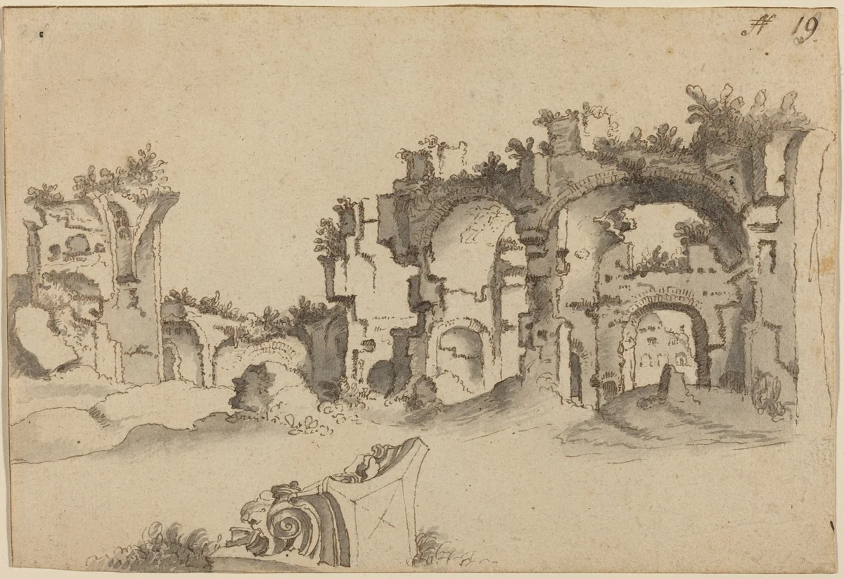 The Baths of Caracalla, Rome by Willem van Nieuwlandt II, drawing, 1584-1636