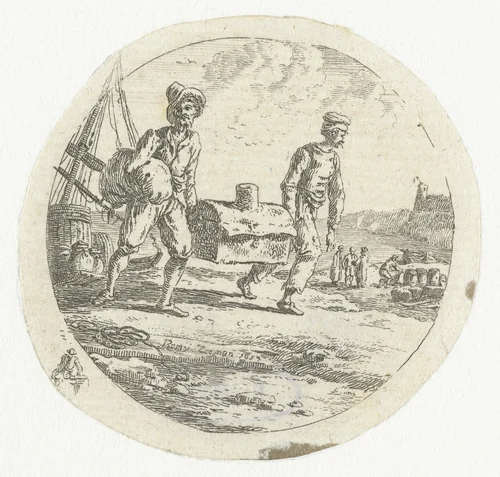 Twee mannen met een kist by anonymous, print, 1800-1879