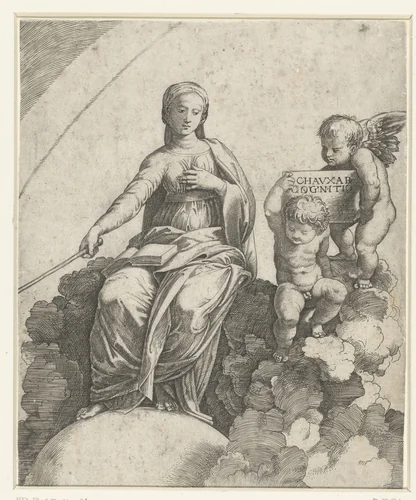 Vrouw met boek en scepter als personificatie van Filosofie zittend op wolken en voeten rustend op globe met naast haar twee putti by Marcantonio Raimondi, print, 1513-1517