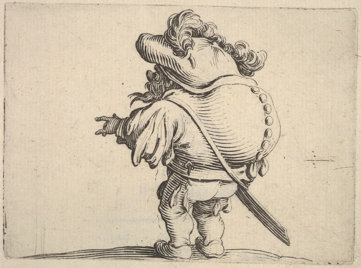 Small male figure with outstreched left hand, seen from the back, which bulges, from "Varie Figure Gobbi" by Jacques Callot, print, 1621-1625