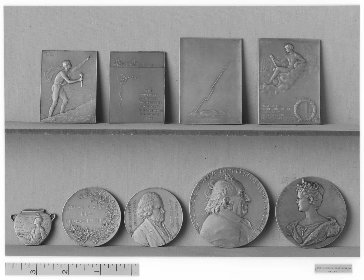 The Youth of France to M. Michel-Eugène Chevreul, Member of the Academy of Sciences, on attaining his Century by Louis-Oscar Roty, metalwork, 1886