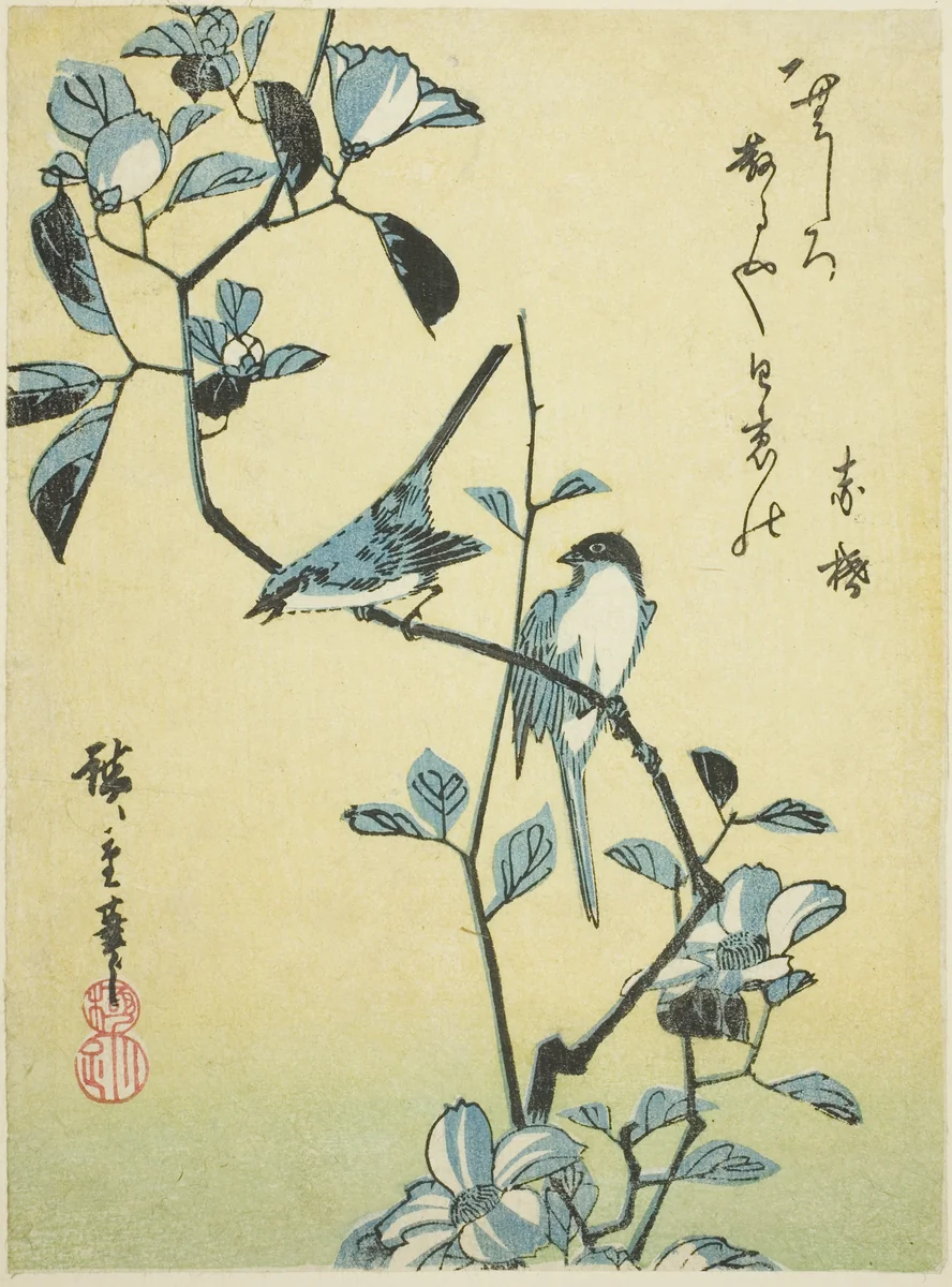 Birds on camellia branch by Utagawa Hiroshige (歌川広重), print, 1830-1839