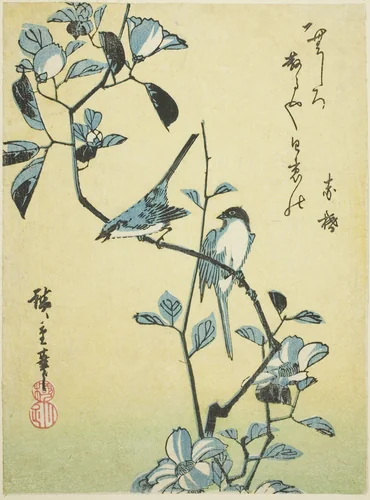 Birds on camellia branch by Utagawa Hiroshige (歌川広重), print, 1830-1839
