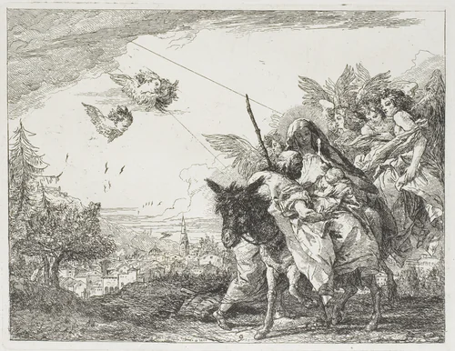 Joseph Adoring the Child, who is Held in Mary's Arms, plate nine from The Flight into Egypt by Giovanni Domenico Tiepolo, print, 1753