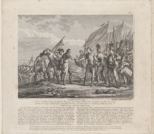 Sarratoga [sic] (The Surrender of General Burgoyne to General Horatio Gates, Battle of Saratoga, October 17, 1777) by François Godefroy, print, 1784