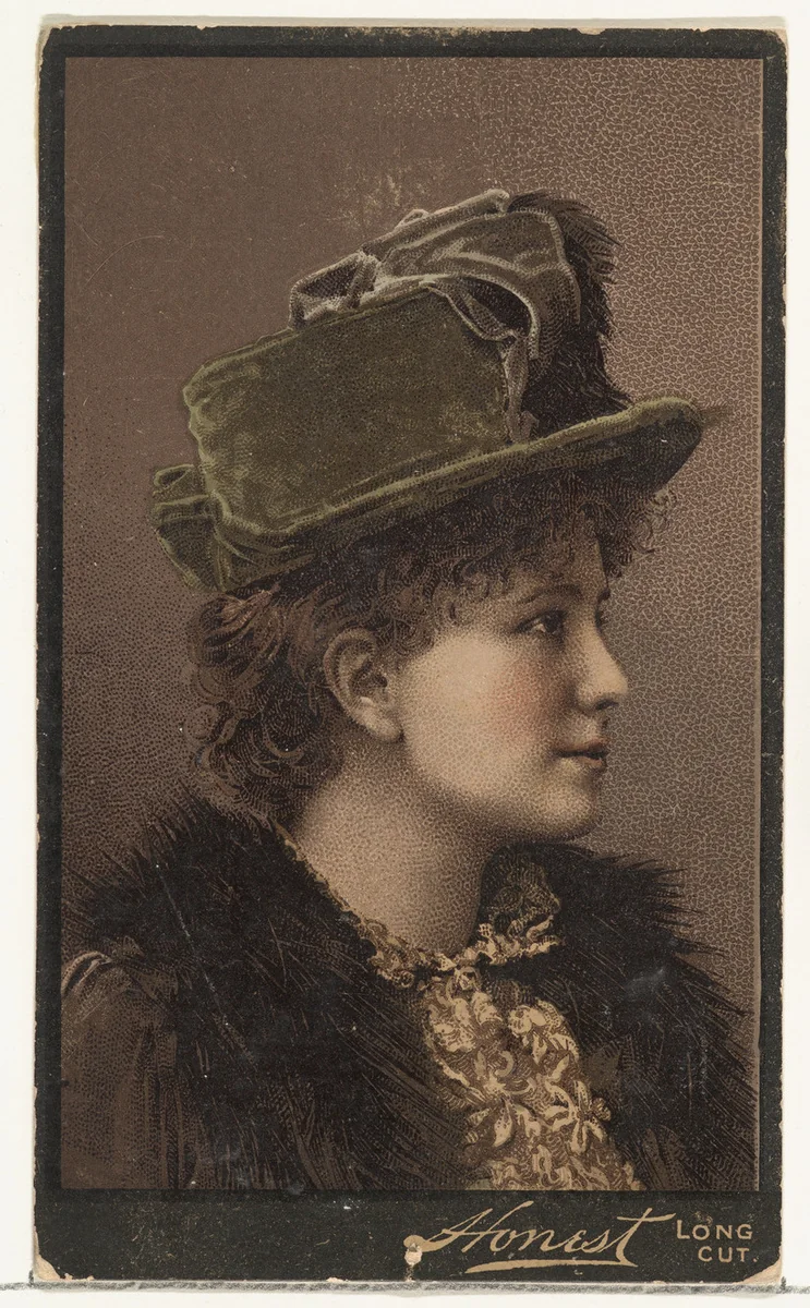 Actress in profile wearing green velvet hat, from Stars of the Stage, Third Series (N131) issued by Duke Sons & Co. to promote Honest Long Cut Tobacco by W. Duke, Sons & Co., print, 1891-1892