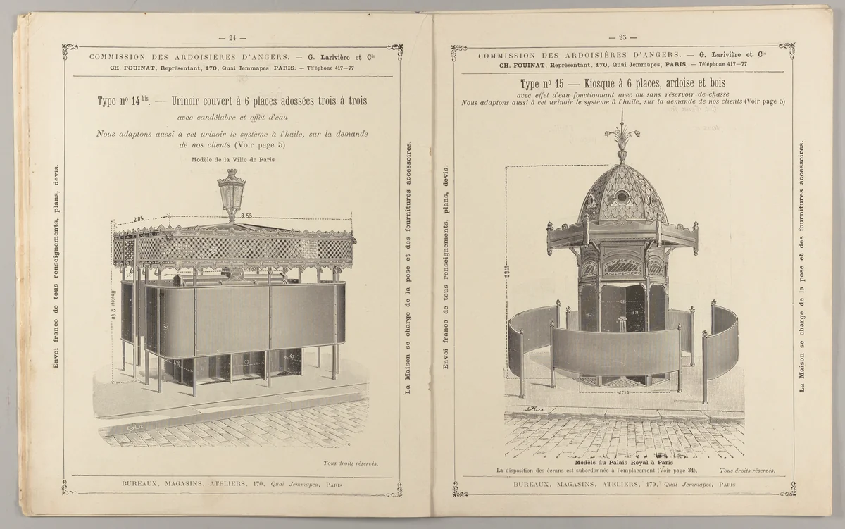Urinoirs : publics et privés, kiosques, sièges et cabinets communs by G. Larivière et Cie, artwork, 1901