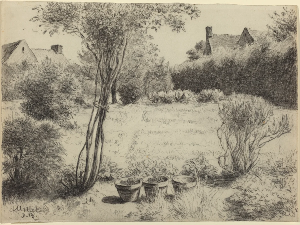 Sunlit Garden by Jean-Baptiste Millet, drawing, 1831-1906